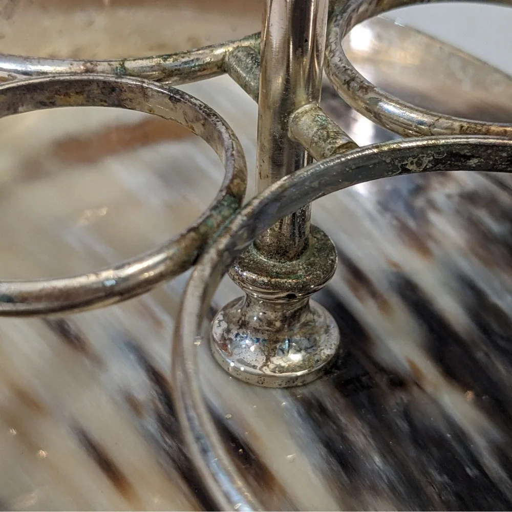 Vintage Silverplate Cruet Stand with Horn Inlay Base and Handle 4 Bottle Holder